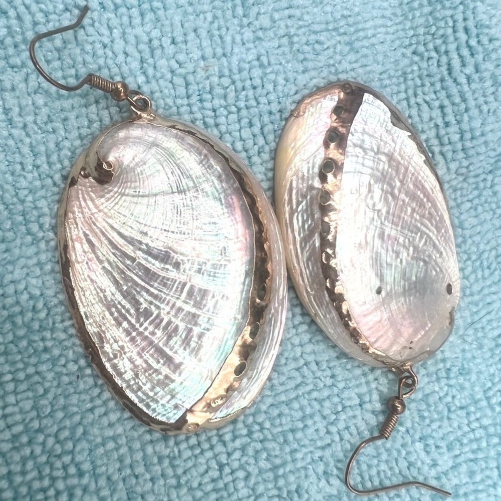 Gold Trim Shell Dangle Drop‎ Earrings MOP2.5" iridescent Beach Party Summer